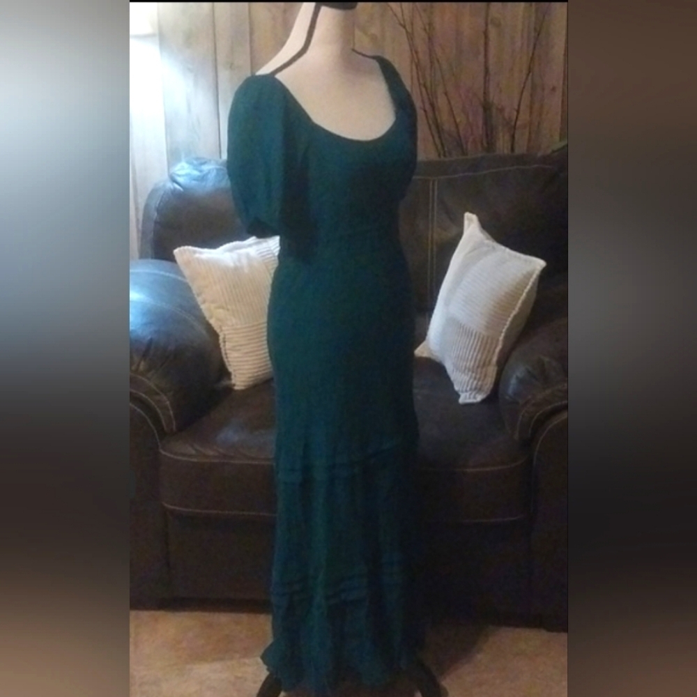 Max + Ash Teal Emerald Green Smocked Gauzy Tiered Puff Sleeve Maxi Dress Boho - Picture 4 of 8